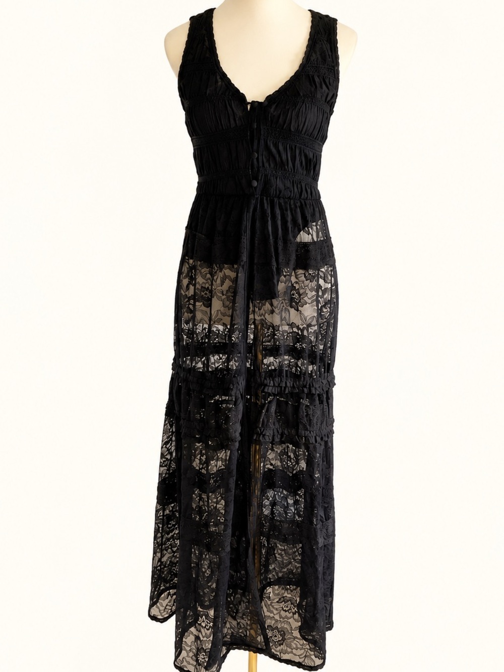 NWT Intimately Free People Lace Maxi Bodysuit Dress Black XS Sheer Boho